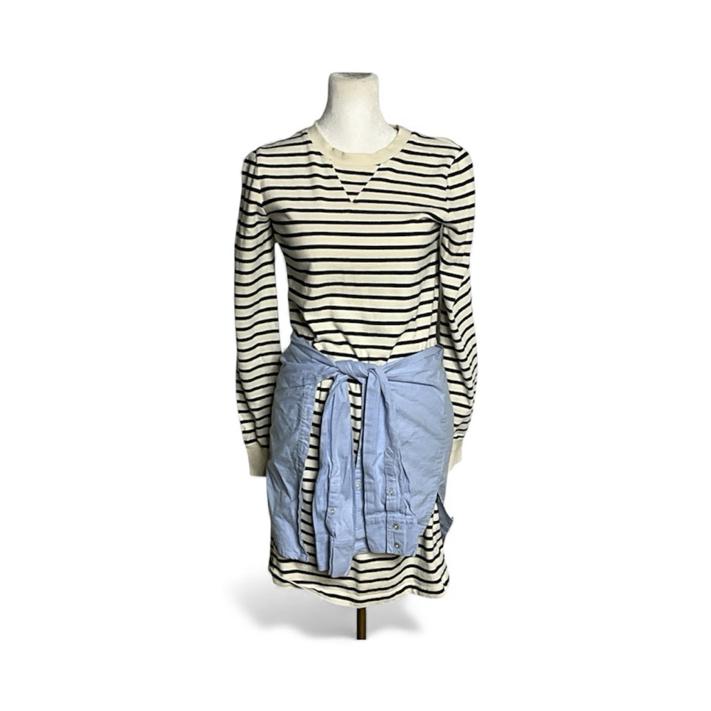 Veronica Beard Navy and Cream Striped Long Sleeve Dress with Shirt Tie Waist XS